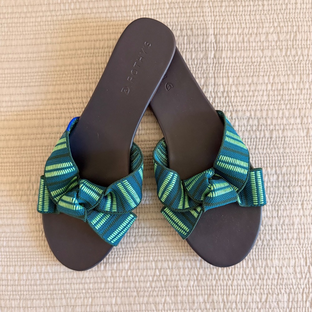 New Rothys The‎ Knot Women's Slide Sandals Green Blue Striped Flat Shoes  11.5